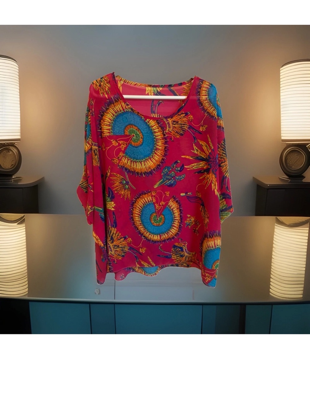 New ALLEGRA K Pink L CHIFFON Tunic Tribal Feathers Head Dress TOP SW INDIAN